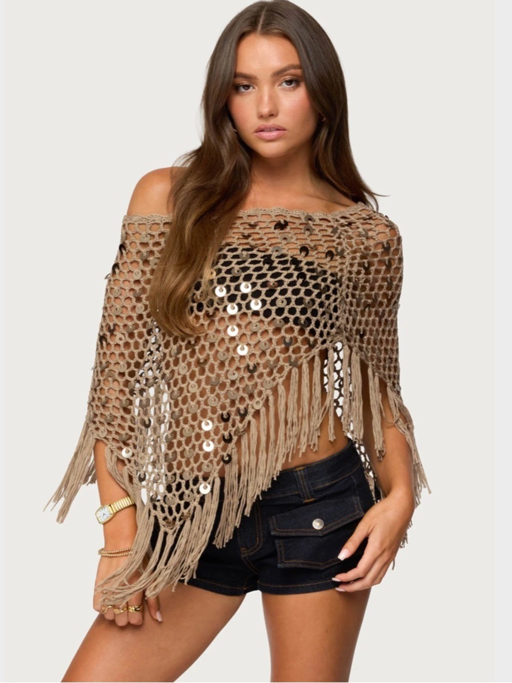 Fringe Sequin Crochet Fishnet Poncho by Dizzy Lizzy Natural Beige Sz L Bohemian
